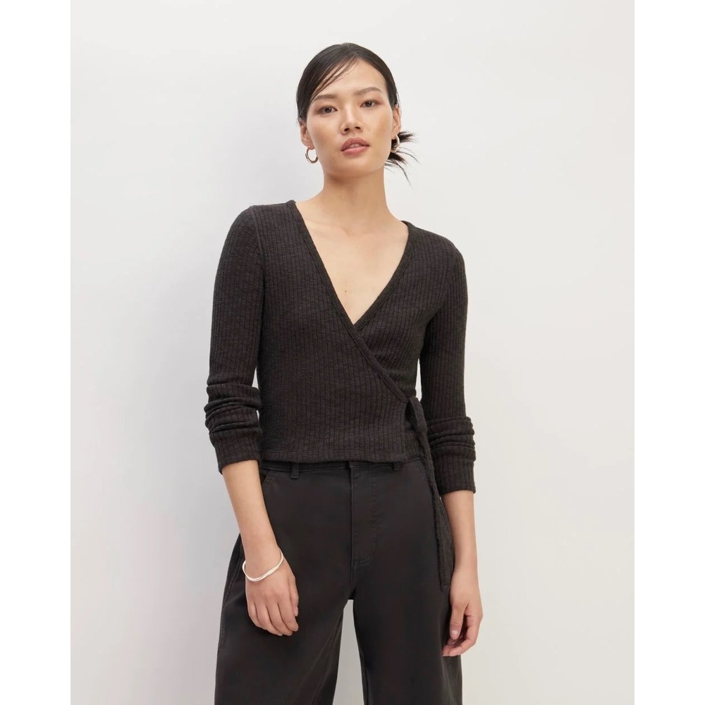 Everlane The Cozy Ribbed Wrap Top Womens XXS Charcoal Gray EUC Organic Cotton